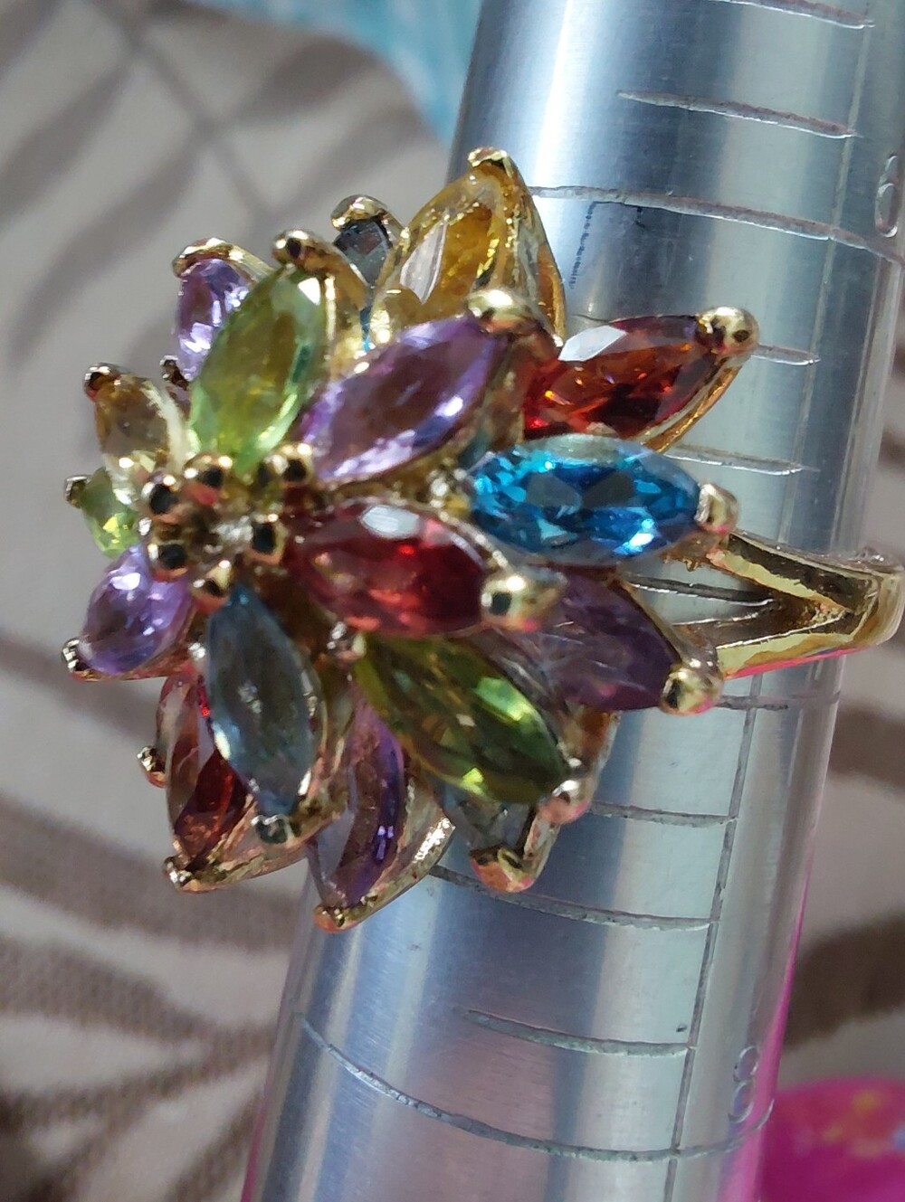 PAJ 925 Sterling gold Vermeil Multi Gemstone Flower Cocktail Ring Size 6.75 - Picture 7 of 7